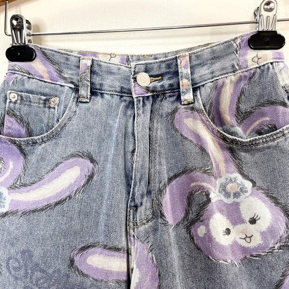 Bunny Rabbit Size M Jeans Wide Leg Flare High Waist Kawaii Bunny Anime Pastel - Picture 14 of 16